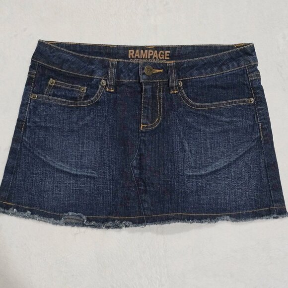 Rampage Y2K Denim Mini Skirt – Dark Wash Raw Hem Jean | Size 1 | NWOT - Picture 1 of 6